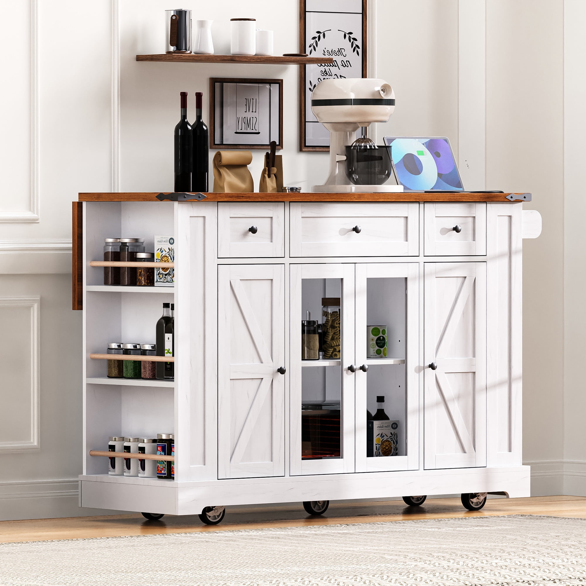 Euroco 53'' Farmhouse Kitchen Island with Two Tempered Glass Cabinet Doors，Rolling Kitchen Cart on Wheels