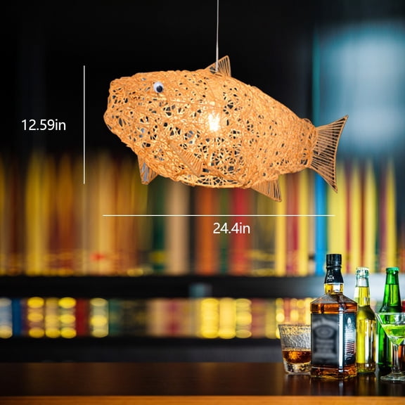 Rustic Good Service Rattan Color Rattan Fish-shaped Ceiling Light for Living Room, Bedroom and Corridor