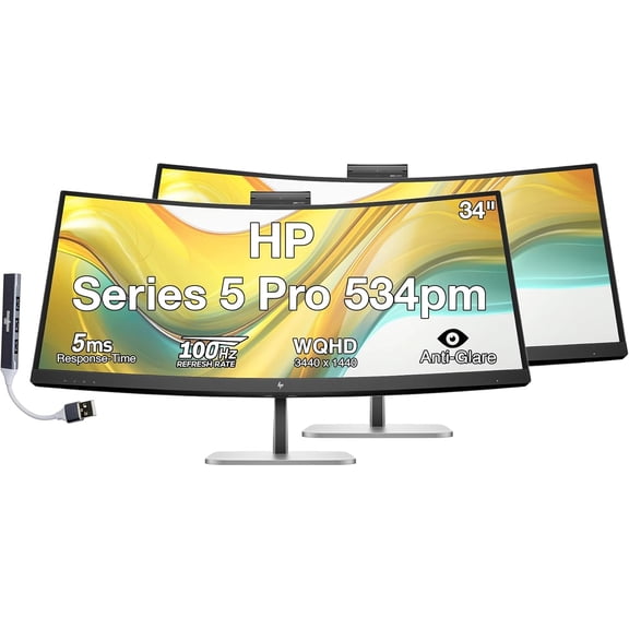 HP Series 5 Pro 534pm 34" WQHD VA Monitor with 5ms Response Time, Anti Glare, Flicker Free, VESA Mount (100mm), Displayport, HDMI & Dockztorm USB Port Expander, Black/Silver (9E0Z2UT#ABA) 2 Pack