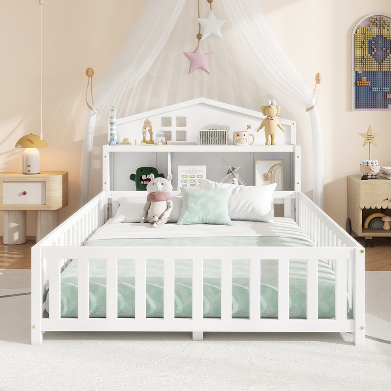 Bellemave Full Size Montessori Bed with Bookcase,Wooden Floor Bed with Fence Rails and Door, Full Playhouse Beds with Storage Headboards, No Box Spring Needed (White)