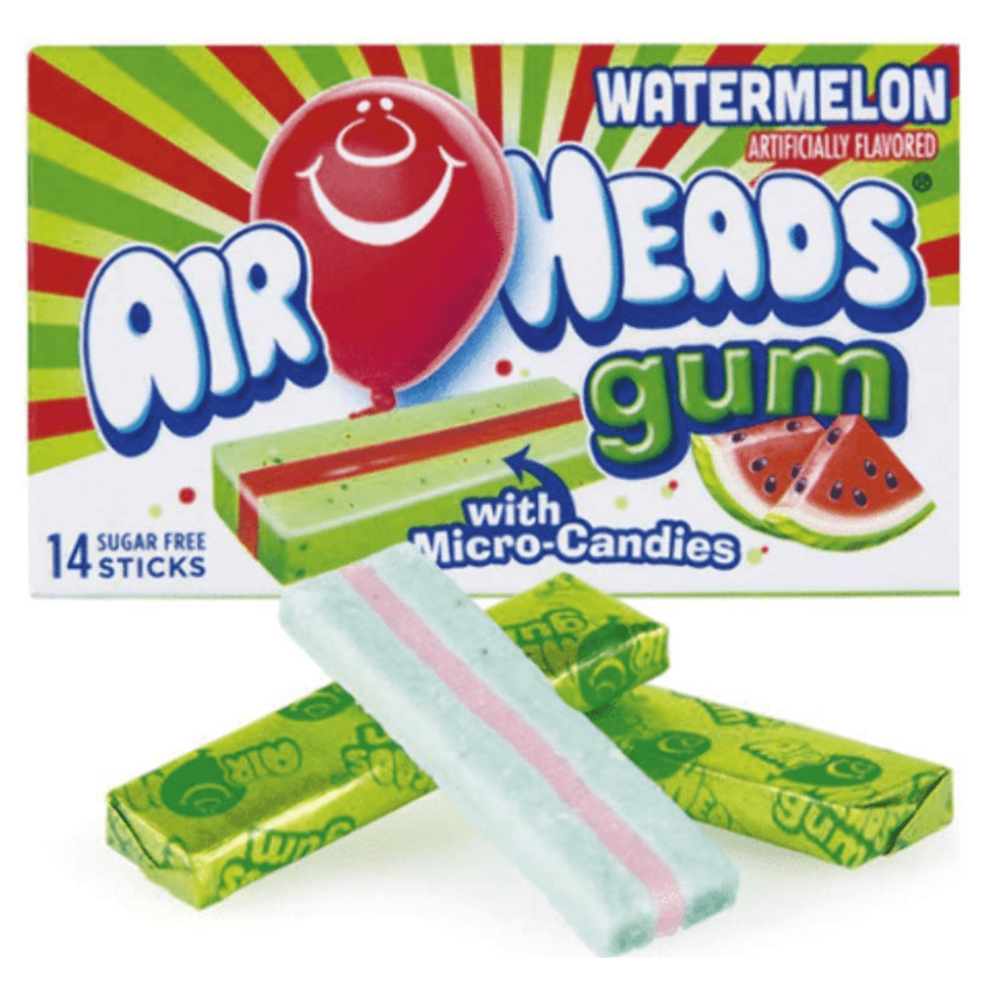 Airheads Candy, Chewing Gum, WATERMELON Flavor MICRO CANDIES inside , Sugar Free, Xylitol, 14 Sticks per Pack, (24 Pack ) Double Header