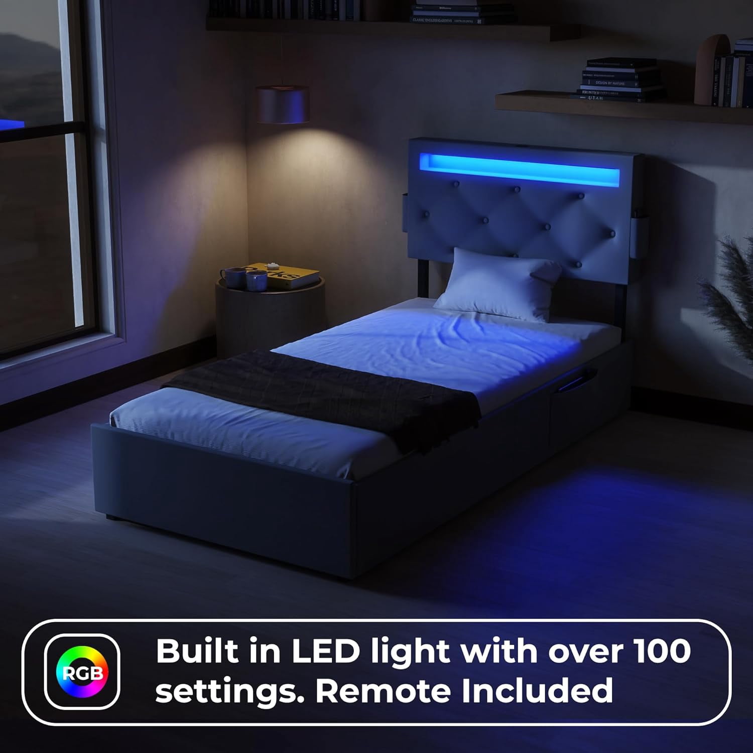 Miniyam Upholstered Kids Twin Size Bed with USB Charging Station, LED Lights, Storage Drawers, Light Gray