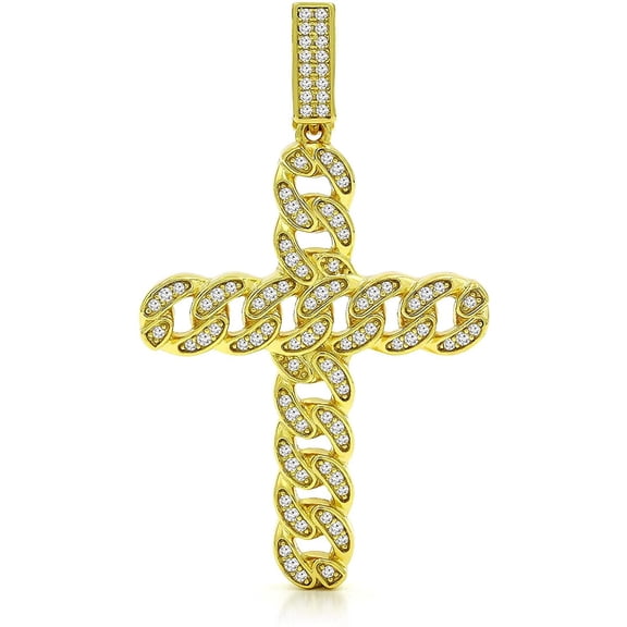.925 Sterling Silver Miami Cuban Cross Pendant Only, Gold Plated, Micro Pave Cubic Zirconia, Giorgio Bergamo Gold