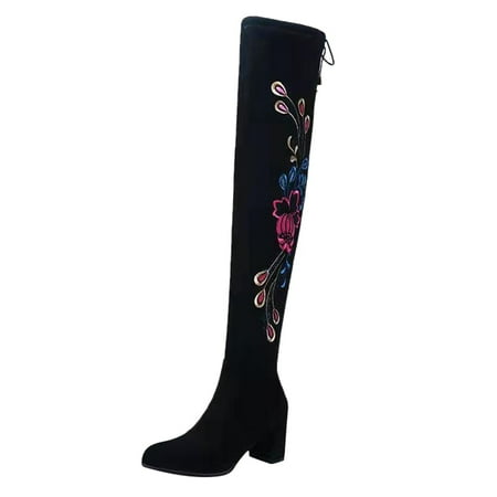 

Autumn And Winter 2022 New Women s Shoes Round Head Embroidery Side Zipper Thick Heel Retro Elastic High Heel Suede Boots over The Knee Boots for Women Wide Calf Size 12 A Cape Boot Women Super plus