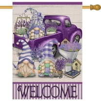 Welcome Spring Gnomes Pickup Truck Lavender Flower Decorative House Flag, Purple Stripe Floral Arrangement Garden Yard Outside Decorations, Summer Striped Seasonal Outdoor Large Decor 28x40
