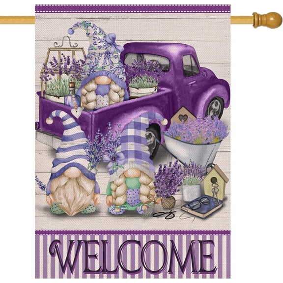Welcome Spring Gnomes Pickup Truck Lavender Flower Decorative House Flag, Purple Stripe Floral Arrangement Garden Yard Outside Decorations, Summer Striped Seasonal Outdoor Large Decor 28x40