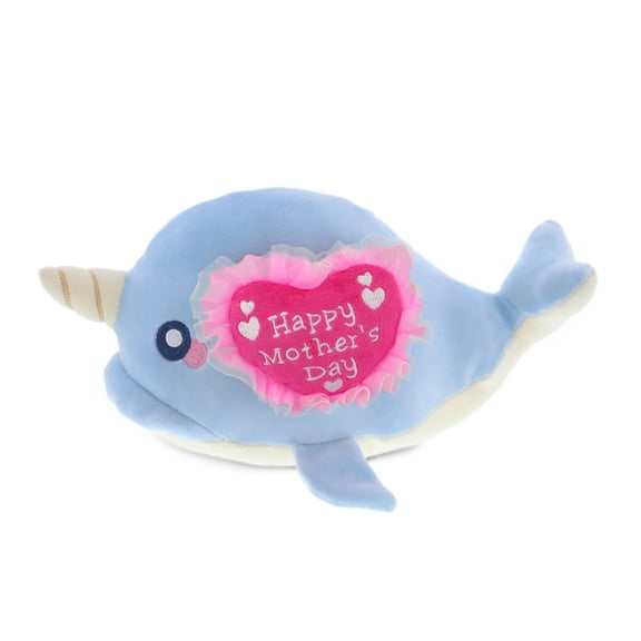 DolliBu Happy Mother's Day Baby Soft Plush Blue Narwhal Figure - Cute Stuffed Animal with Pink Heart Message for Best Mommy, Grandma, Wife, Daughter - Cute Sea Life Plush Toy Gift - 11.75" Inches