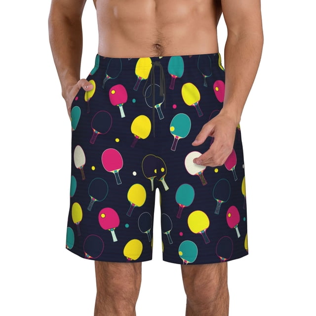 Sikiie Colorful Ping Pong Rackets Print Men's Beach Shorts, High Elastic Quick-drying Shorts - with Drawstring and Slip Pockets, Suitable for Beach, Sports, Vacation-XX-Large