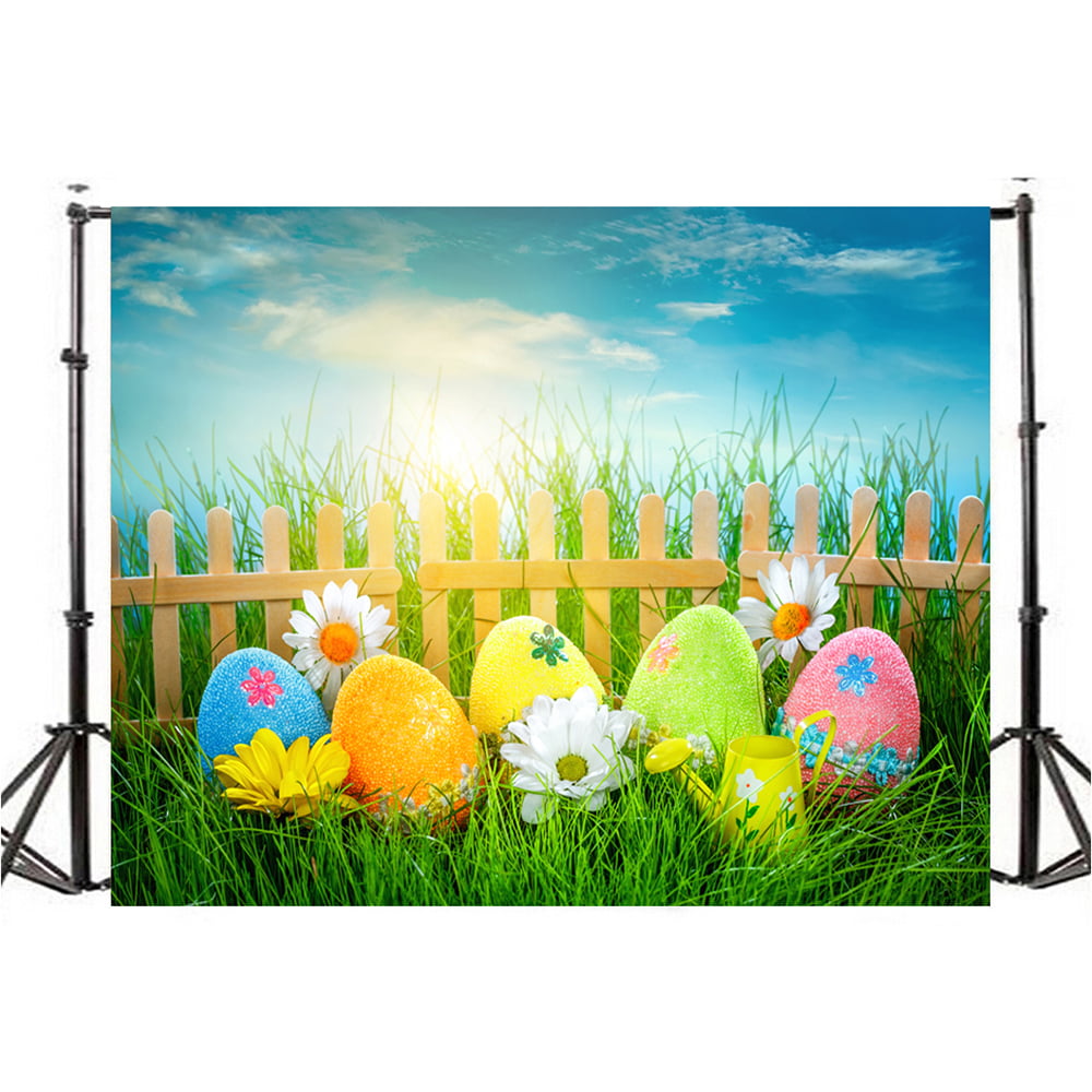 Happy Easter Background Easter Spring Grassland Eggs Sky Cloud Nature Baby Photography Backdrop Background for Photo Studio Photophone Prop 7X5Ft