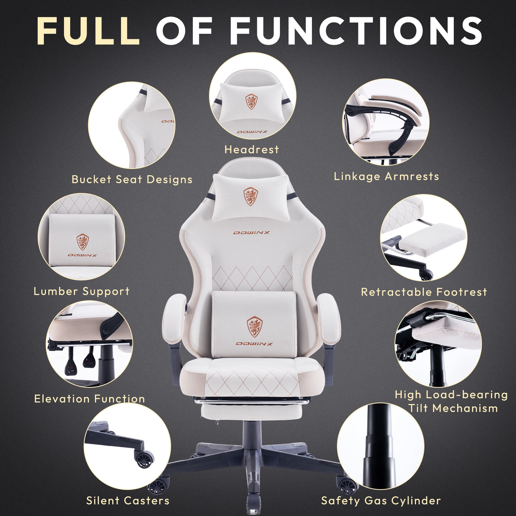 Dowinx Fabric Gaming Chair with Massage Lumbar Support, High Back Ergonomic Computer Chair with Footrest for Adult, Beige