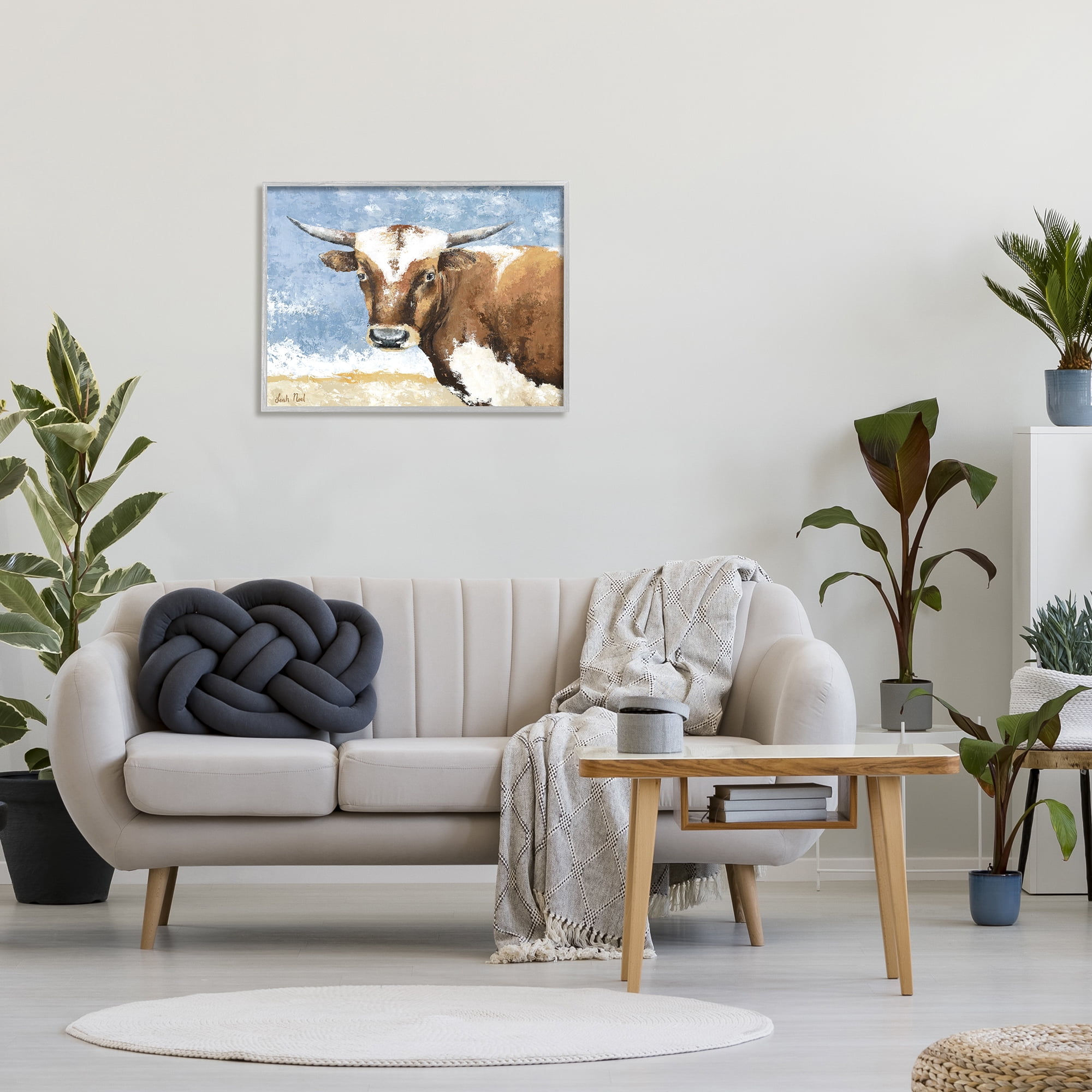 Stupell Industries Abstract Cow Calf Animals & Insects Painting Gray Framed Art Print Wall Art, 30 x 24