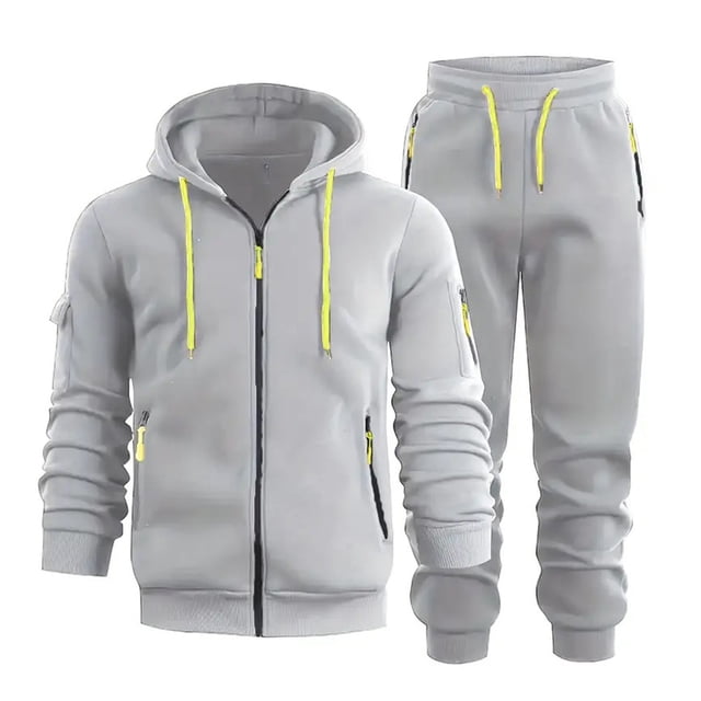 Zip Up Hoodie, 2 Piece Zip Hoodie Drawstring Waist Sweatpants Outfit, Men's Set