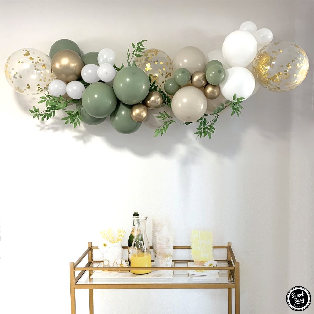 Sage Green Balloon Garland Kit with Matte Sage Olive, Taupe, White, Gold Metallic, Confetti Balloons