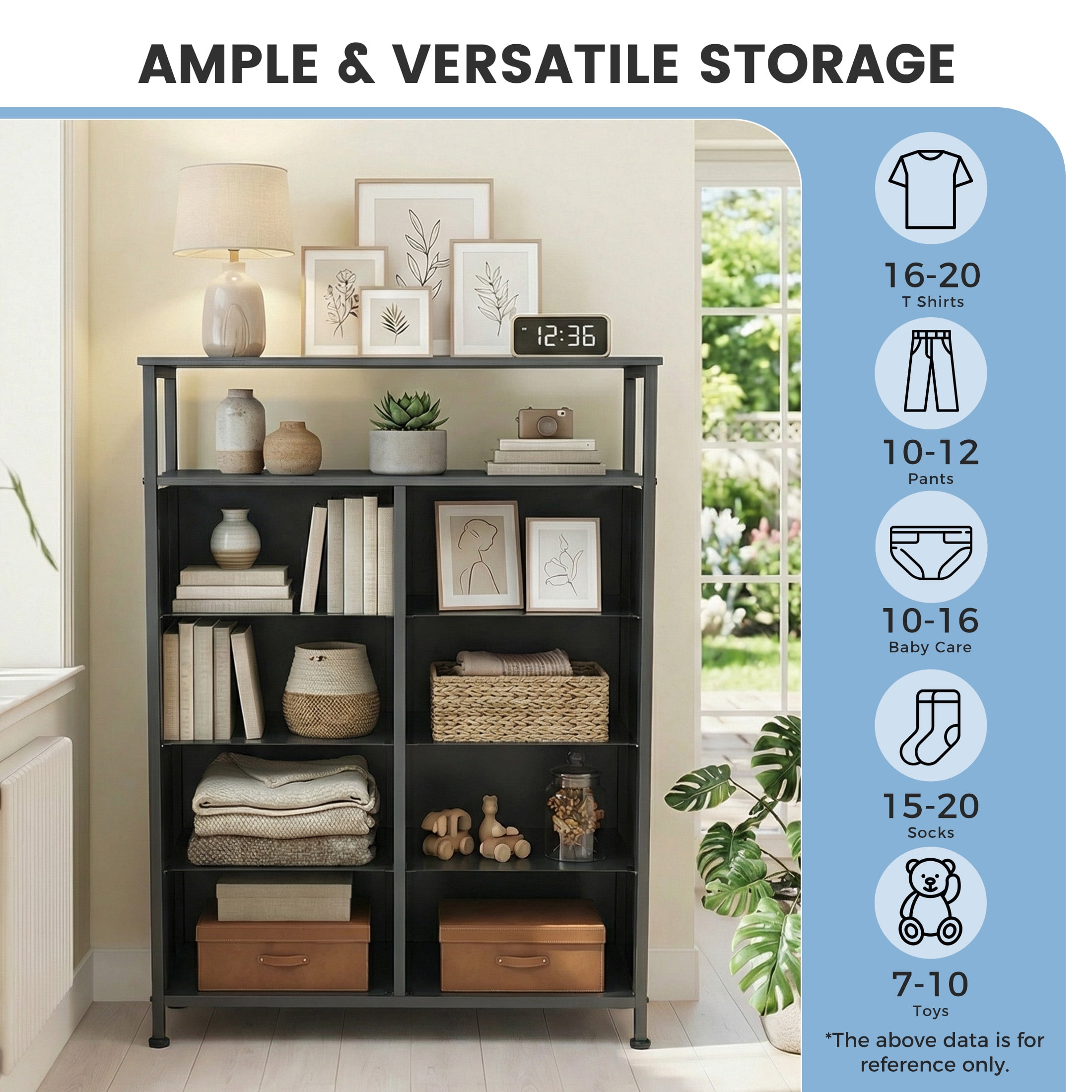 CONCETTA 8 Drawers Fabric Dresser with Open Shelves, Tall Storage Tower for Bedroom Closet, Living Room Entryway Hallway, Black