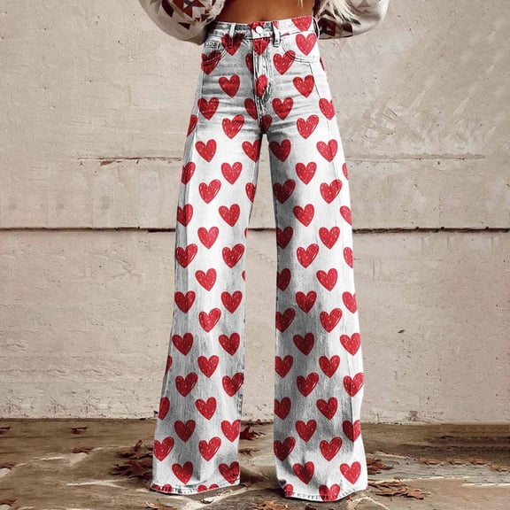 Delayuji Women's Pants Heart Printed Casual Wide Leg Pants Valentine's Day