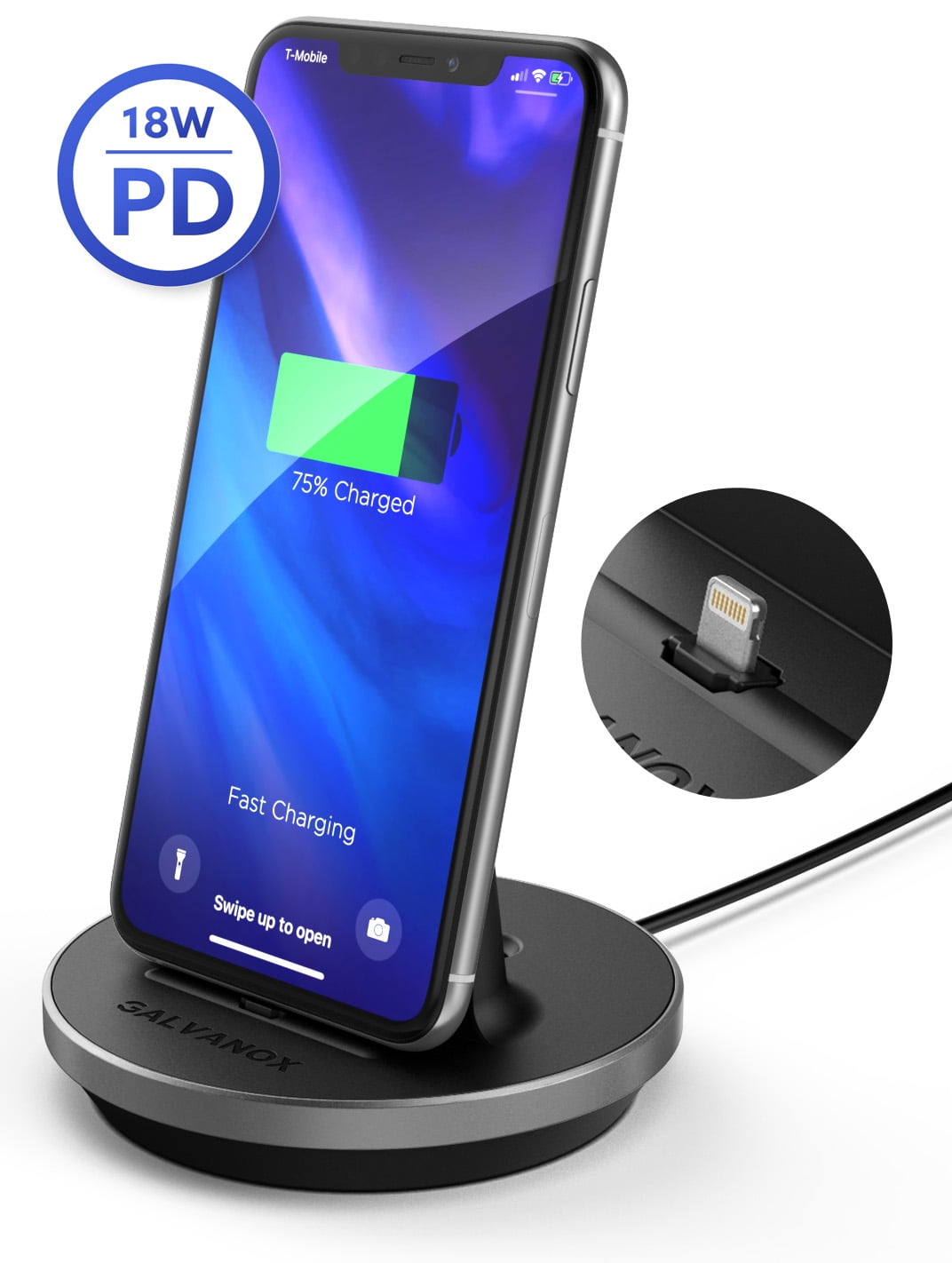 Galvanox iPhone Charger Stand (MFi Certified) Fast Charging Lightning Desktop Holder Dock with Built-in USB C Cable and USB-C 18W Power Adapter for Apple iPhone 8/8 Plus/X/Xs Max/XR/11/Pro Max