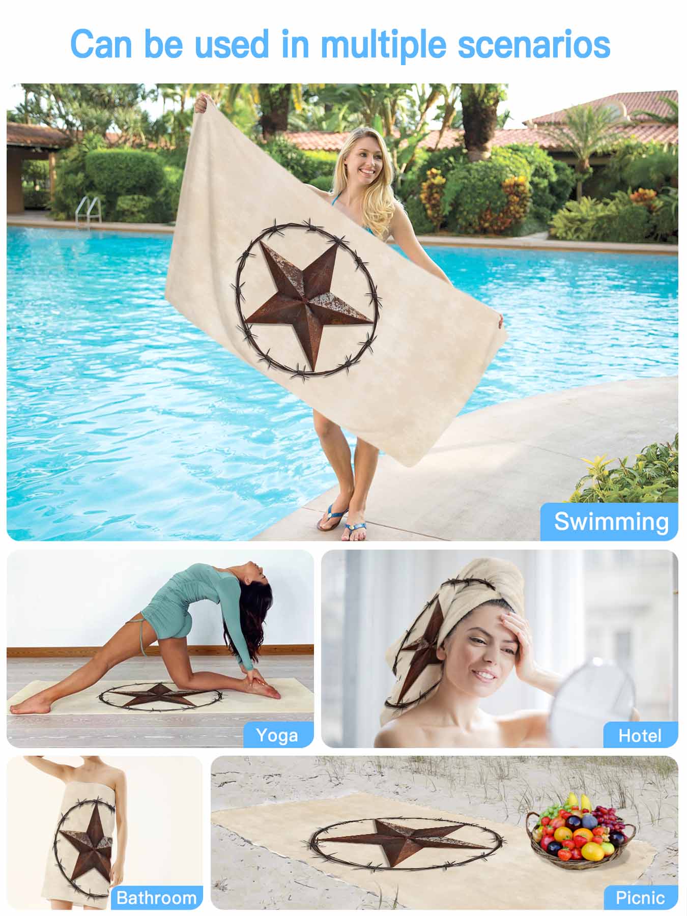 West Texas Star Beach Towels Blanket Soft & Absorbent Quick Dry Microfiber Rustic Country Star Pool Towels for Swimming ,Yoga, Sports, Gym, Camping,Large 30X60in,