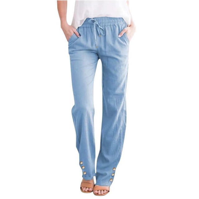 asjyhkr Womens Linen Pants Drawstring Elastic Waist Button Straight Leg Casual Hiking Trousers with Pockets