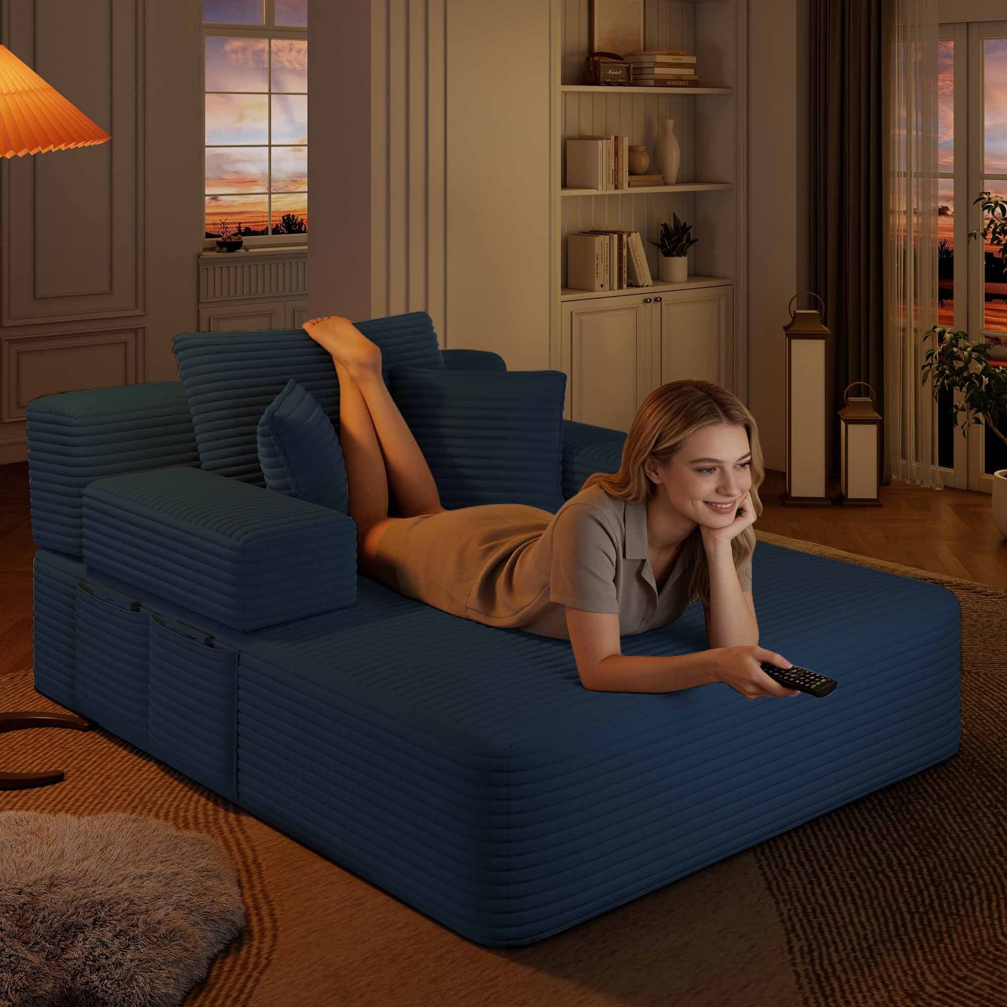 Lunale Boneless Chaise Lounge Chair Indoor, Oversized Convertible Sofa Bed, Cloud Corduroy Sofa Chair for Living Room, Blue