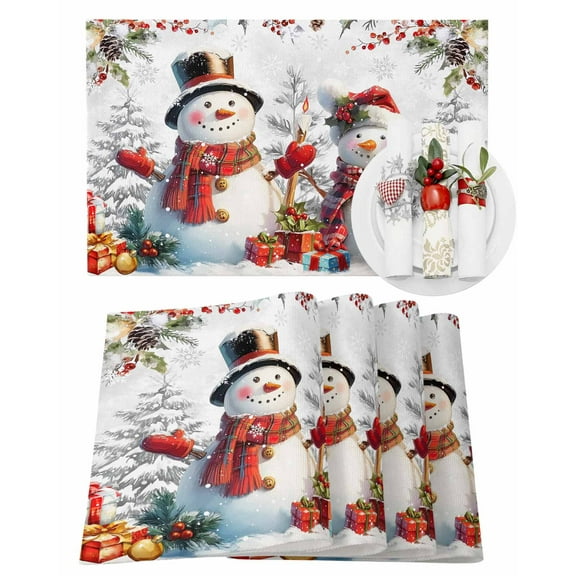 Christmas Placemats Set of 8 Winter Pine Leaves Berries Snowman Gifts Snowflakes Heat Insulation Washable Place Mats, Rustic Non-Slip Table Mats for Dining Table Party Kitchen Decor,13x19 Inch