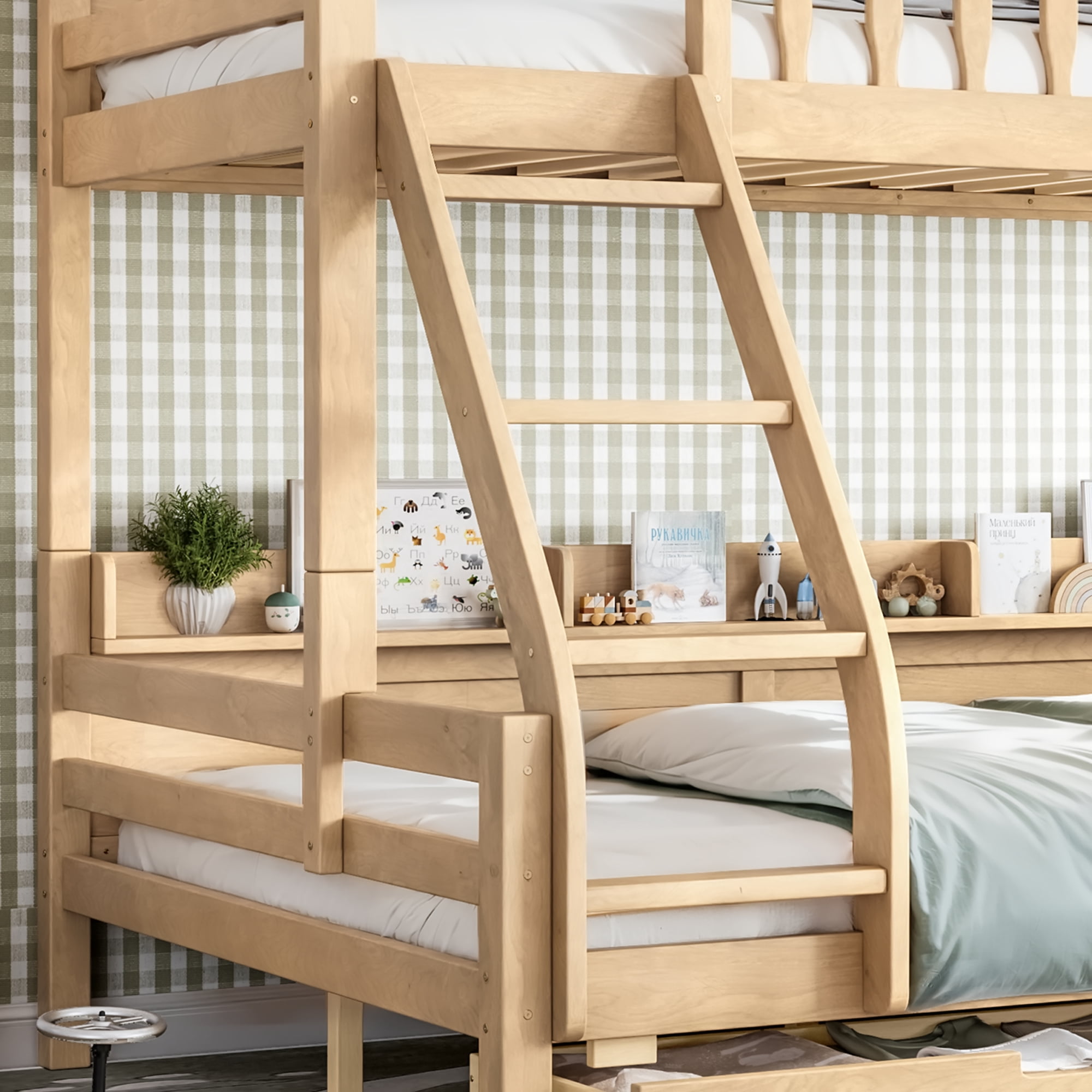 Leumius Twin over Full Bunk Bed with Storage Drawers, Chic Curved Guardrail & Side Storage Shelves, Bunk Bed Frame with Ladder Natural