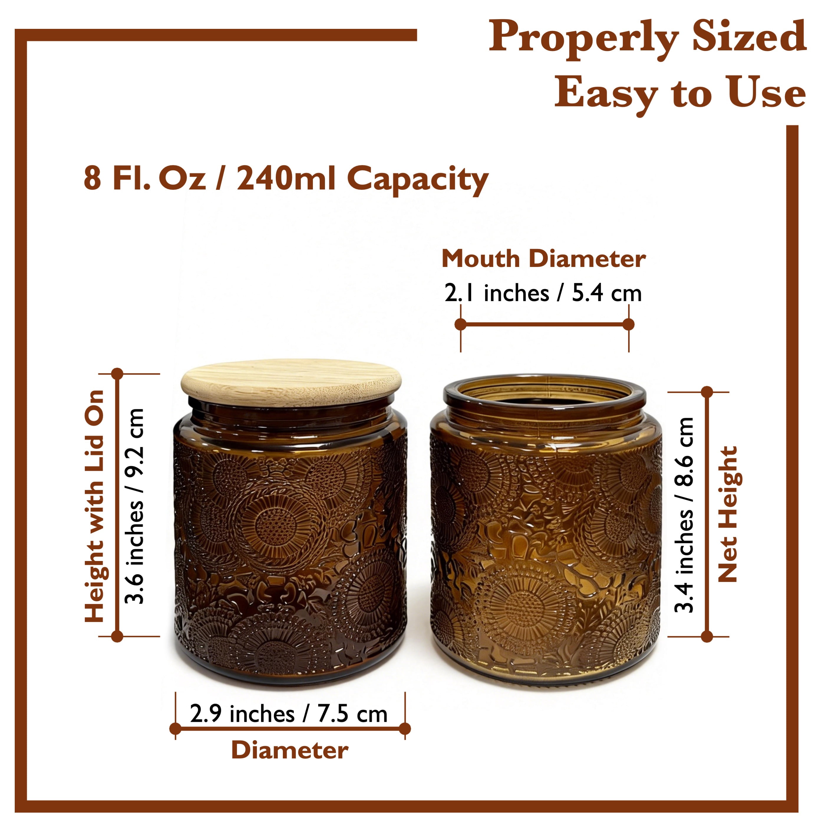 LINGSHINE 8oz Dark Amber Glass Jars with Reusable Bamboo Lids, 6 pack Embossed, Home Décor Food Storage Candle Parties Wedding Baby Shower Favors Gift