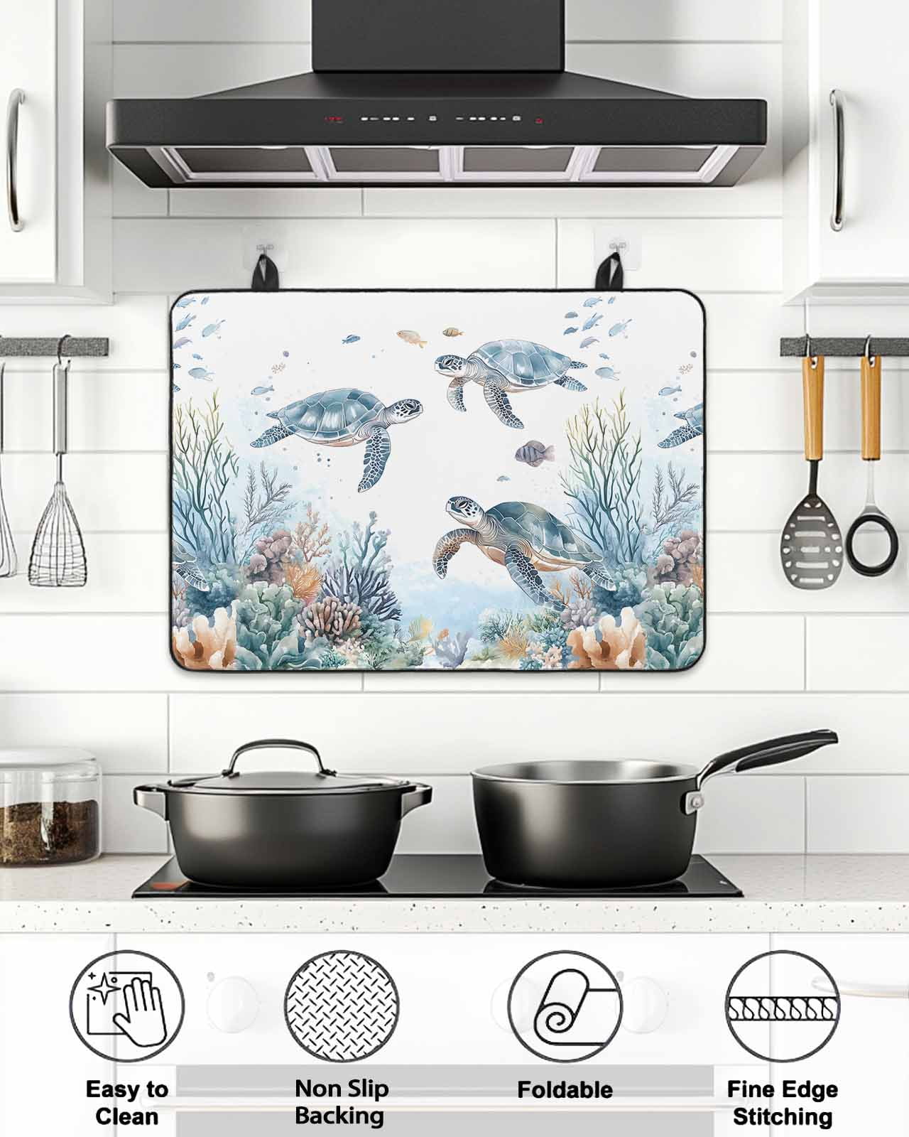 Stove Top Covers for Electric Stove, Sea Turtle Coastal Glass Stovetop Cover Protector, Summer Beach Coral Ocean Blue Nautical Induction Cooktop Protector Oven Mat for Kitchen Countertop 24"x21"