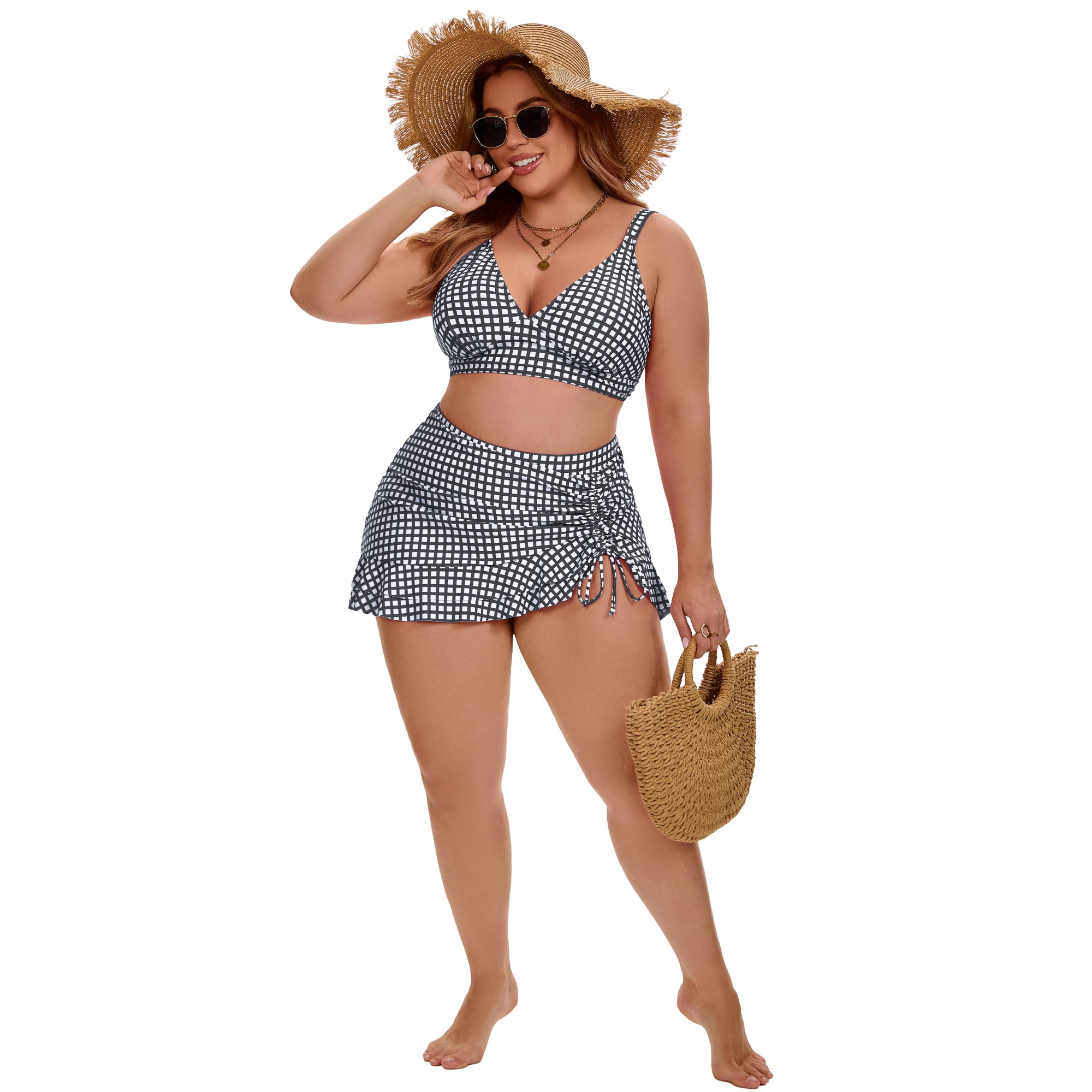 DARING DIVA Women's Plus with Retro Gingham High Waisted Bikini 1X Gray