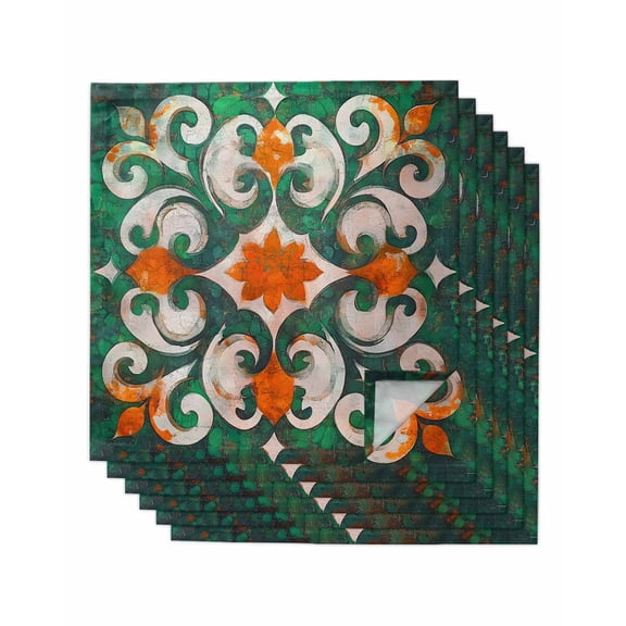 nqOlkjepod Green Burnt Orange Cloth Napkins Set of 6 Reusable Dinner Napkins, Boho Ethnic Flower Abstract Cocktail Napkin Washable Table Napkins for Wedding/Holiday Party/Baby Shower 20"x20"