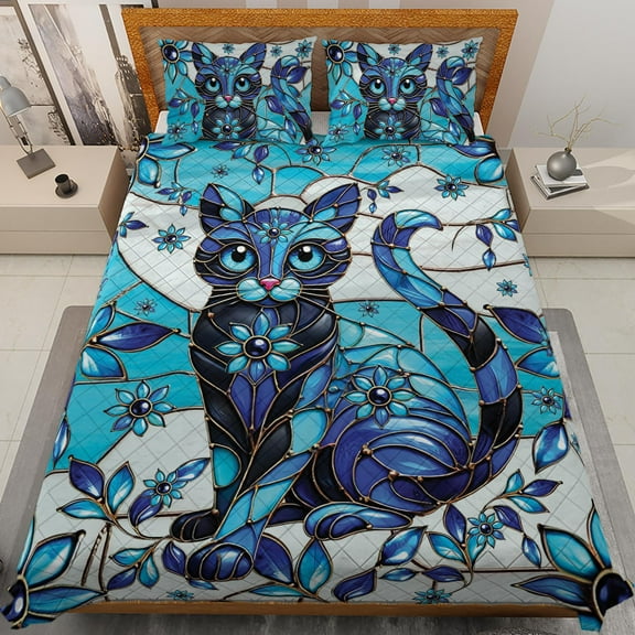 Lotusprinthandmade Colorful Cute Cat Quilt Bedding Set (Fold Hem) 5 Sizes (Made in Vietnam) (55x60), colorful cat quilt bed set, cute cat lovers quilt set