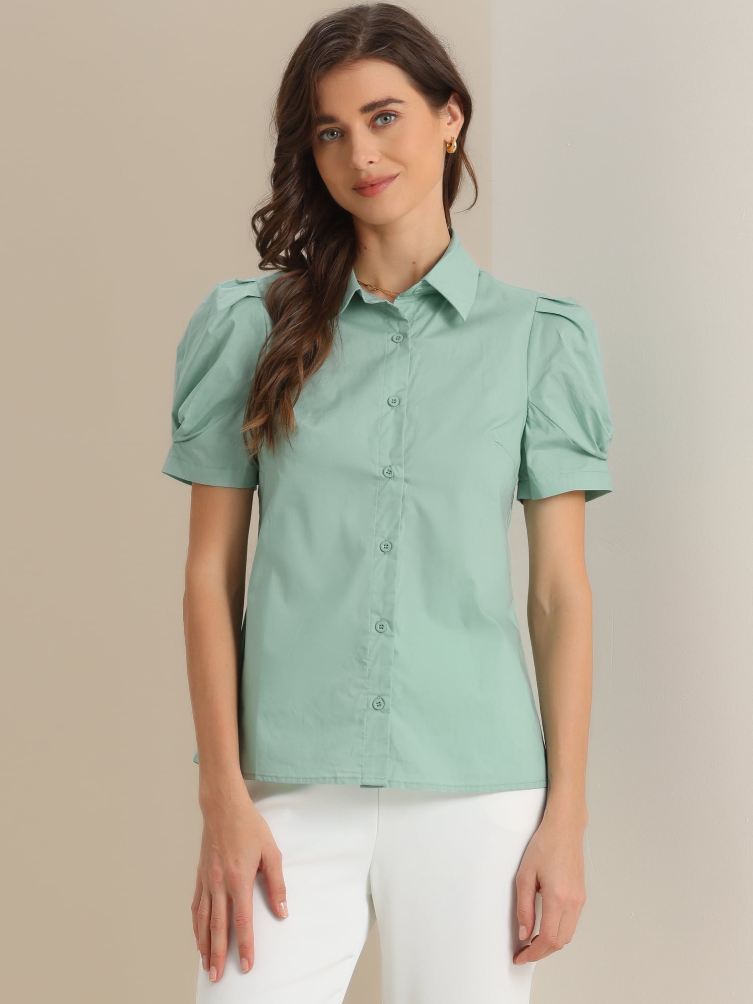 DARING DIVA Women's Puff Sleeve Turn Down Collared Work Office Button Down Shirt S Green