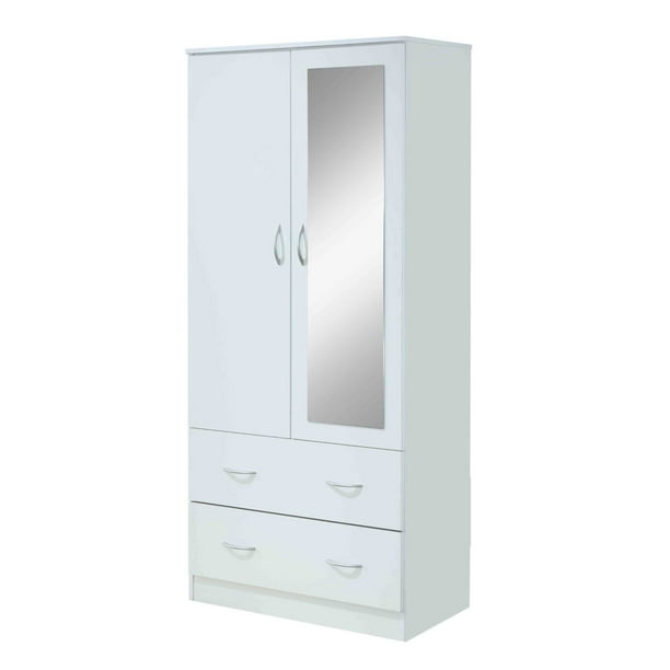 Hodedah Two Door Wardrobe with Two Drawers and Hanging Rod plus Mirror