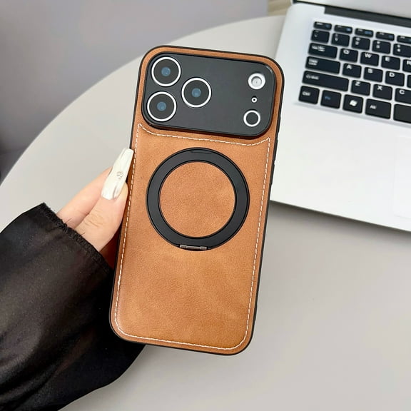 Magnetic Case Designed for iPhone 17 Pro, Compatible with Magsafe Wireless Charging, PU Leather 360 Degree Rotatable Ring Stand Kickstand Rugged PU Leather Shockproof Phone Cover,Brown