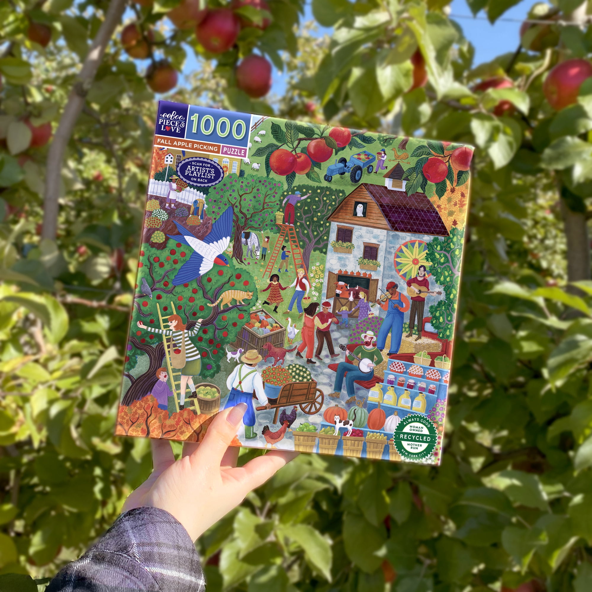 eeBoo Piece & Love: Fall Apple Picking - 1000 Piece Puzzle - 23" Square Adult Jigsaw, Cynthia Cliff's Autumn Harvest Scene, Eco-Friendly, Image Insert