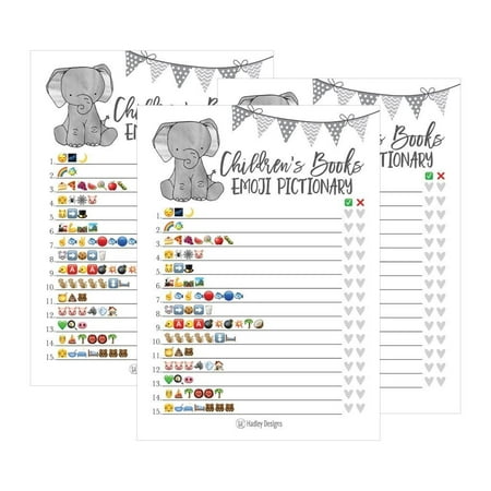 25 Elephant Emoji Children's Books Pictionary Baby Shower Game Party Ideas For Quiz Boy, Girl, Kids, Men, Women and Couples, Cute Classic Bundle Pack Set, Gray Gender Neutral Unisex Fun Coed Cards