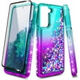 thumbnail image 6 of Nagebee Case for Samsung Galaxy S21 5G with Screen Protector (Full Coverage HD Film) Ring Holder/Wrist Strap, Girls Women Liquid Bling Sparkle Glitter Cute Phone Cover (Aqua/Purple), 6 of 7