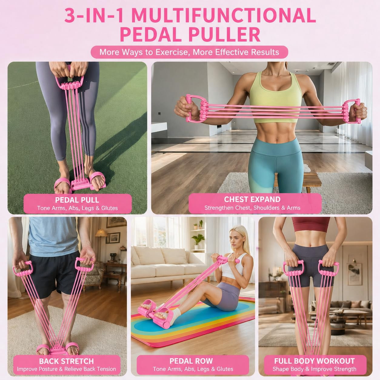 Pedal Resistance Band with Handle – 8‑Tube Detachable 3‑in‑1 Foot Pedal Resistance Trainer for Back Stretch, Chest Expand, Leg Pull, Home Gym