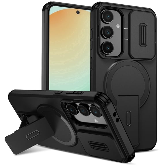 Asuwish Magnetic, Kickstand, Slide Camera Cover TPU, Plastic, Metal Hard Shell Fashion Cell Phone Case for Samsung Galaxy S24 FE, Black
