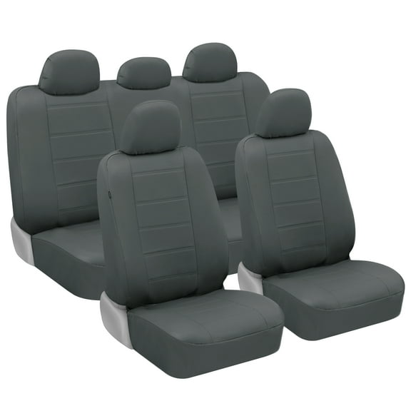 BDK 9-Piece Gray Leather Car Seat Cover Full Set, Front Seat Cover and Rear Bench Seat Cover, Universal Fit Car Seat Covers for Cars Trucks SUVs Vans, Complete Full Coverage Protection For Vehicles
