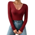 thumbnail image 1 of MIASHUI Femmes Décontracté Uni Col en V Profond Tricot Extensible Manches Longues Vêtement Thermique pour Femmes Haut Couche de Base Rouge, Taille Unique, 1 of 4