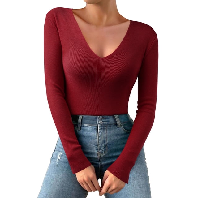 MIASHUI Femmes Décontracté Uni Col en V Profond Tricot Extensible Manches Longues Vêtement Thermique pour Femmes Haut Couche de Base Rouge, Taille Unique