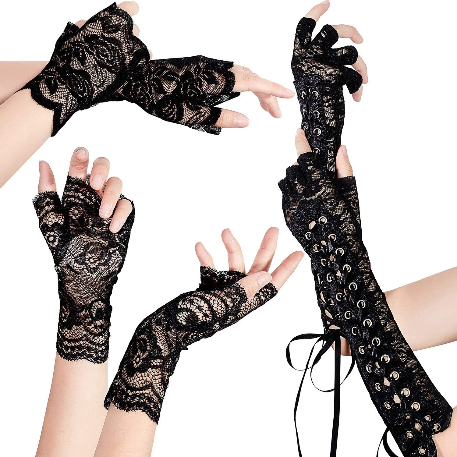 Elegant Flower Pattern Fingerless Lace Gloves Below-the-Elbow Length 
