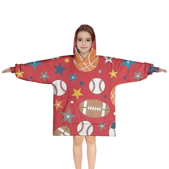 Red Sport Balls Football Blanket Hoodies for Kids 6-13YR Oversize Wearable Blanket Hoodies for Boys Girls Teens