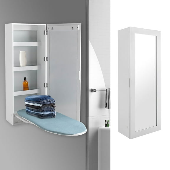 Wall Mount Foldable Rotable Ironing Board Cabinet, Built-in Swivel Storage Ironing Board Cabinet Wall Hanging w/ Mirror