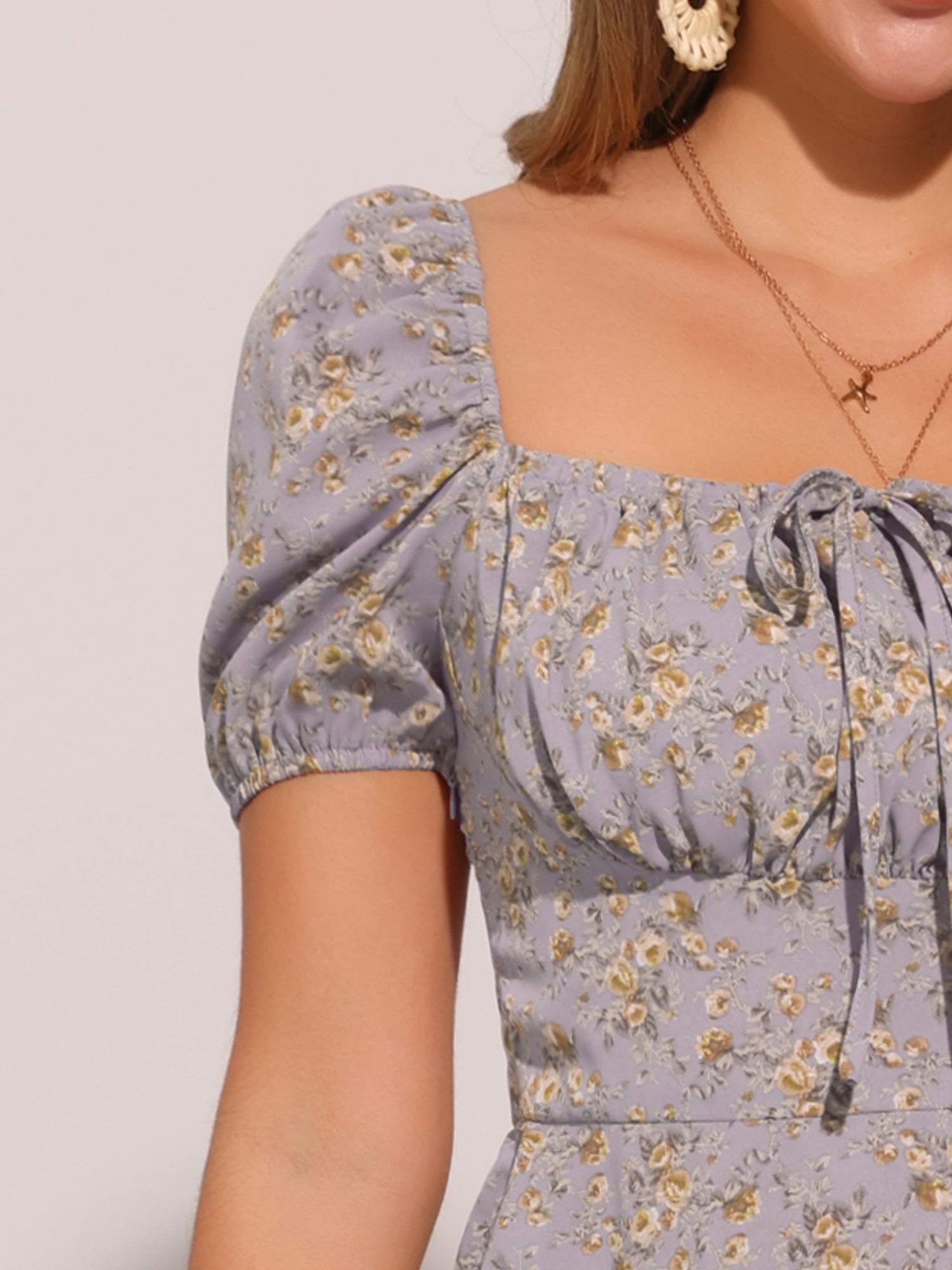 DARING DIVA Floral Puff Sleeve Smocked Square Neck Midi Dress L Dusty Purple