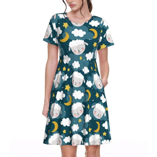 Easygdp Sweet Dream Lamb para Vestido Transpirable de Mujer, Vestido Suelto de Manga Corta con Pliegues y Bolsillos para el Verano