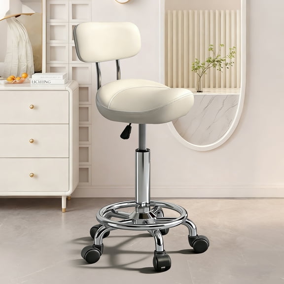 Saddle Stool with Back and Ring Pedal, Adjustable Hydraulic Rolling Chair with Wheels for Salon, Spa, Medical, Massage & Drafting Use White