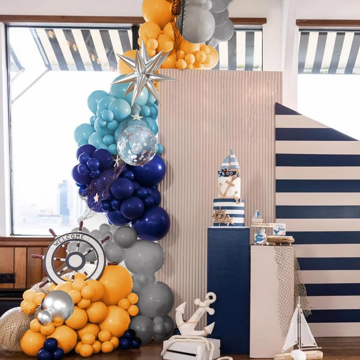 Blue Yellow Gray Balloon Garland Arch Kit, 156Pcs Pastel Navy Blue Dusty Grey Lemon Yellow Metallic Silver Balloons with Exploding Star for Baby Shower Wedding Birthday Lemonade Honeybee Party