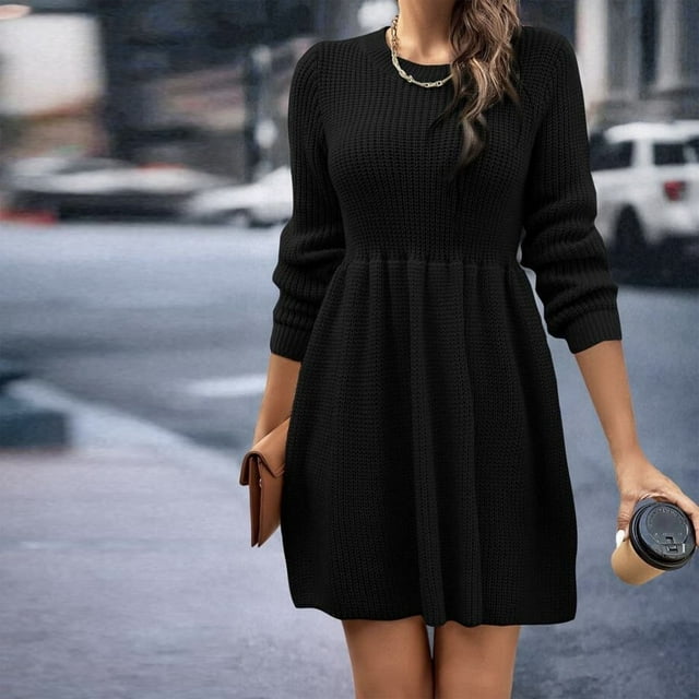 Gspmoly Robes d'Été, Robe Chandail à Manches Longues et Col Rond Unie pour Femmes, Robe Chandail Longueur Genou, Robes de Travail pour Femmes en Liquidation
