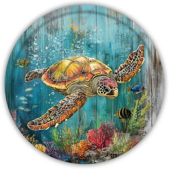 HELLOYOUNG Vintage Style Sea Turtle Print Round Tin Sign 20cm Coastal Beach House Wall Decor Retro Metal Plaque for Home Bar Cafe